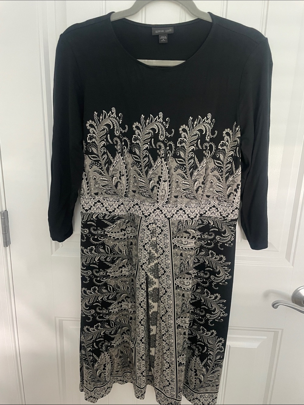 Wearever J.Jill Black and Cream Paisley-Print 3/4 Sleeve Dress